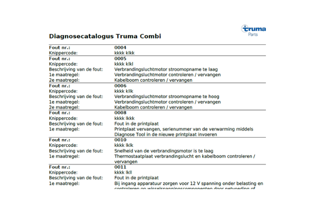 Zoek de storingscode op in de Truma diagnosecatalogus